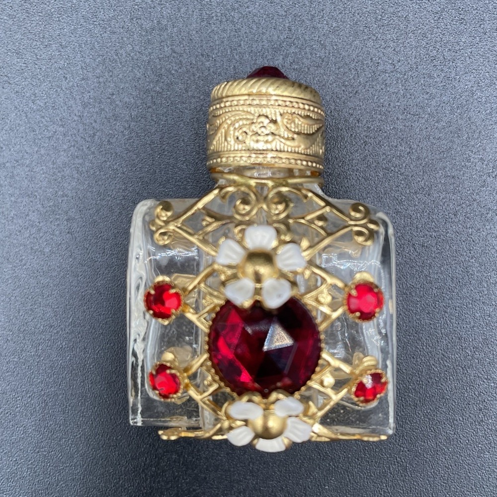 Vintage Czech Bohemia Glass Perfume Flask Bottle Filigree Gilt Plated Gem Floral